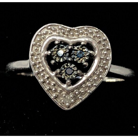 Treated Blue Diamond Sterling Silver Ring 925 Size 7.5 Heart Signed TGGC - Picture 1 of 5